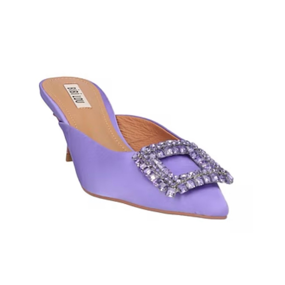NWOT Anthropologie BiBi Lou Embellished Satin Heels in Purple  Size 7